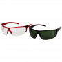 Moderne Schutzbrille mit rot/schwarz lackierter Fassung und klarer/getönter Sichtscheibe